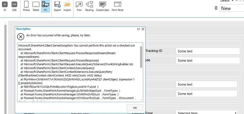 Error when saving form:You cannot perform this action on a checked out ...