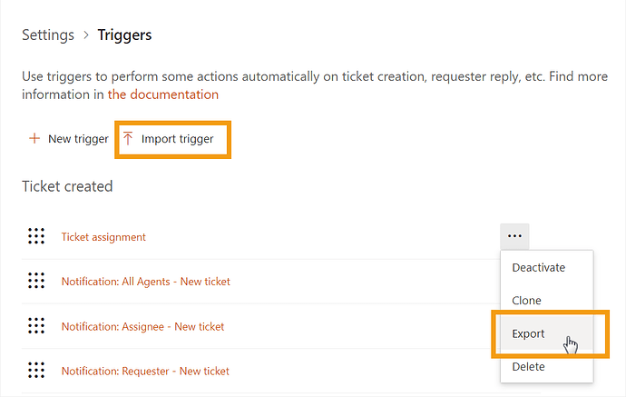 Import/export trigger settings